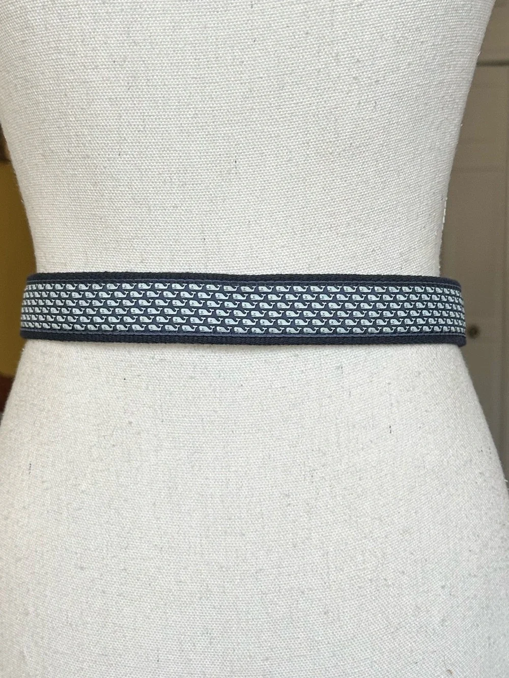 Vineyard Vines Navy Whale-Print Webbing Belt with Brown Leather Trim Size 30